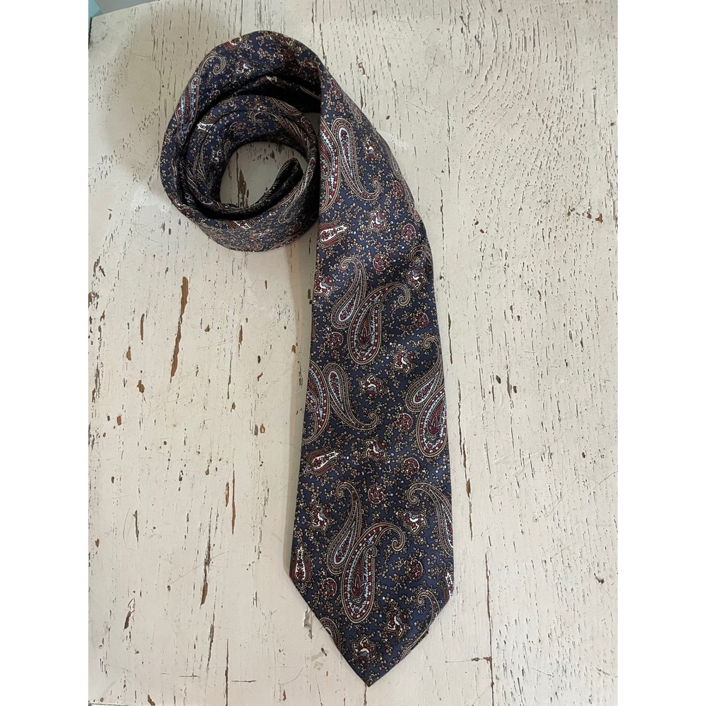 Christian Dior Silk Tie Mens Navy Blue Burgundy Gold Paisley Vintage Necktie